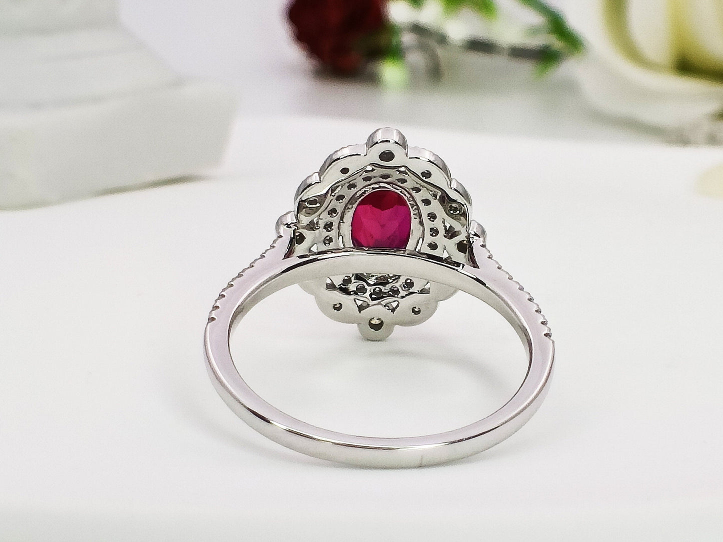 14K Gold Ruby Halo Ring| Lab Created Ruby Engagement Ring|  Double Halo Ring| Everyday Ring