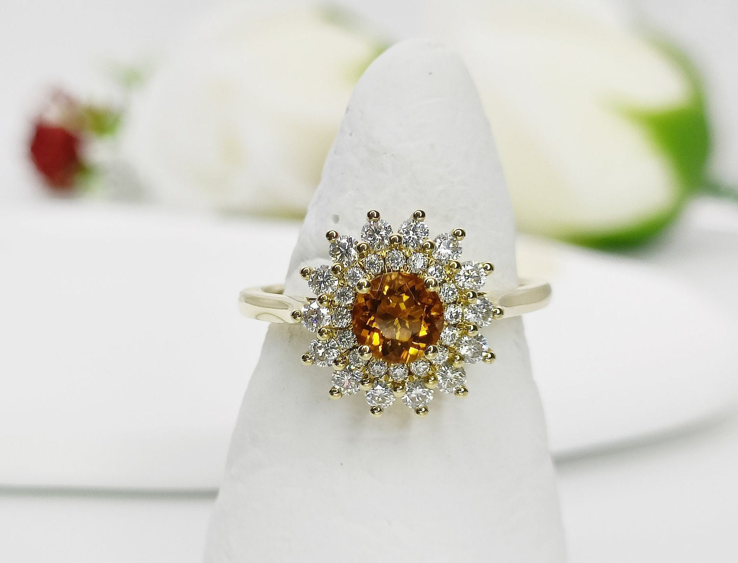 14K Gold Citrine Engagement Ring| Natural Citrine Halo Ring| Cluster Citrine Wedding Ring| November Birthstone