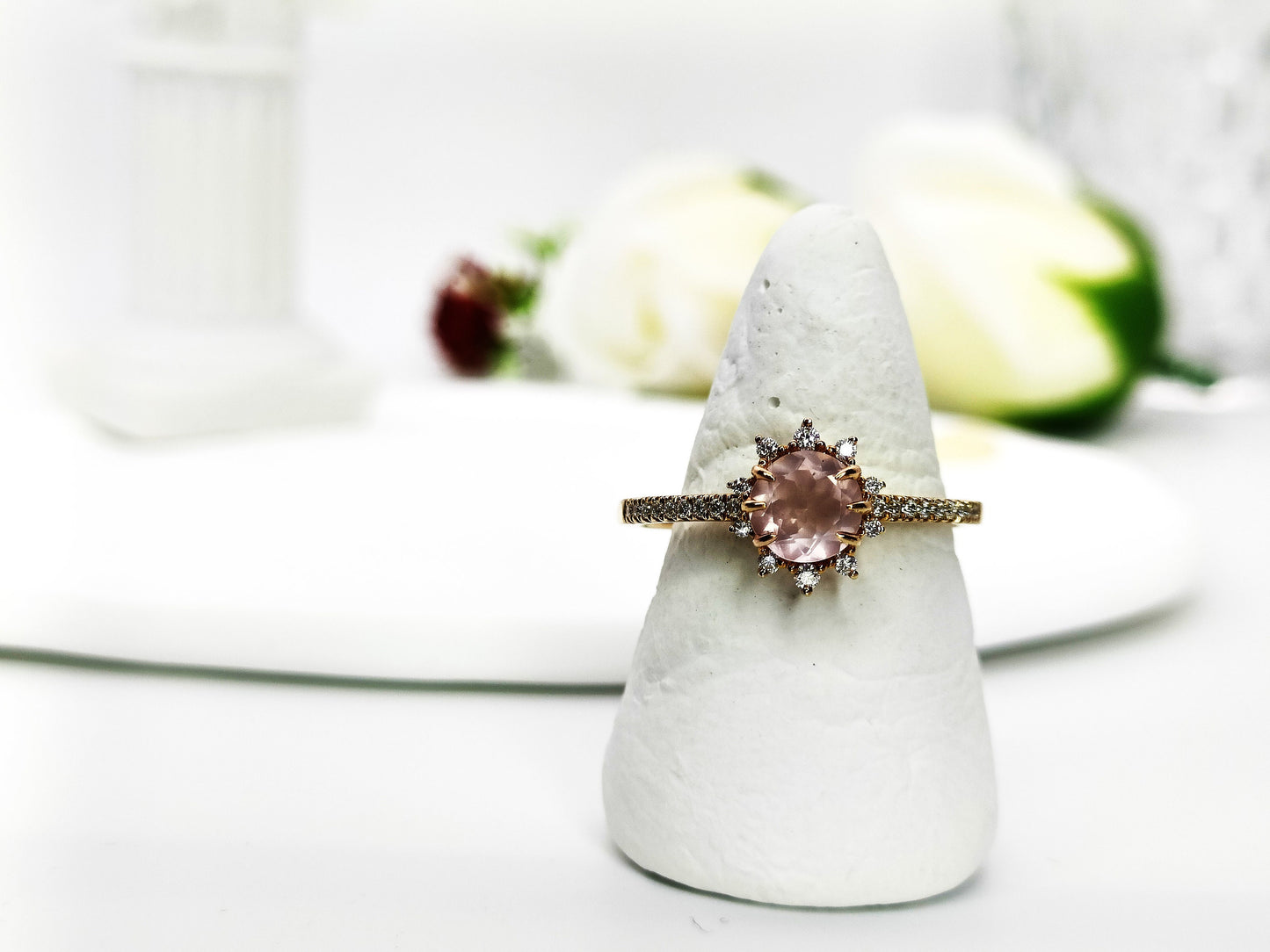 14K Gold Rose Quartz Engagement Ring| Rose Quartz Wedding Ring| Rose Quartz Bridal Ring| Rose Quartz Moissanite Ring