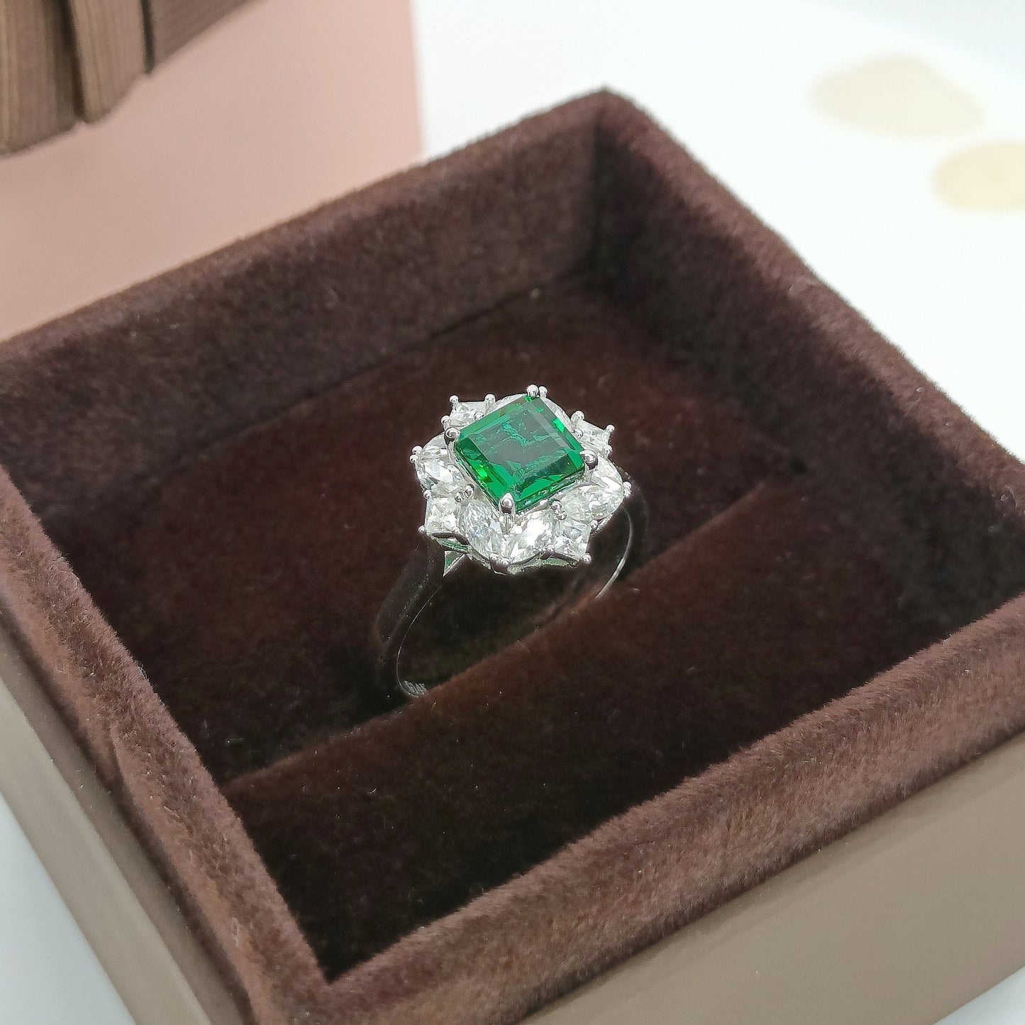 14K Gold Lab Emerald Engagement Ring, Cluster Emerald Bridal Ring, White Gold Emerald Wedding Ring