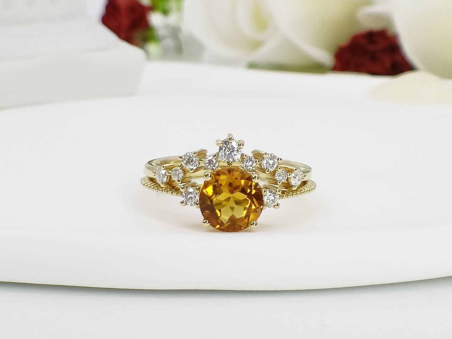 14K Gold Natural Citrine Engagement Ring Set| Genuine Citrine Bridal Ring Set| Citrine Stacking Band| Gold Citrine Ring