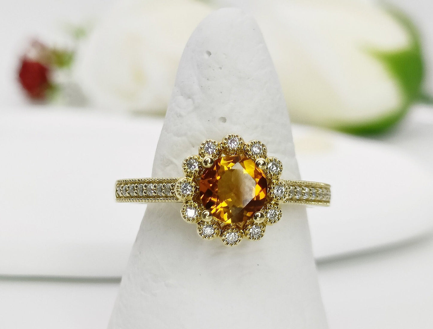 14K Gold Citrine Engagement Ring| Natural Citrine Halo Ring| Cluster Citrine Wedding Ring| November Birthstone