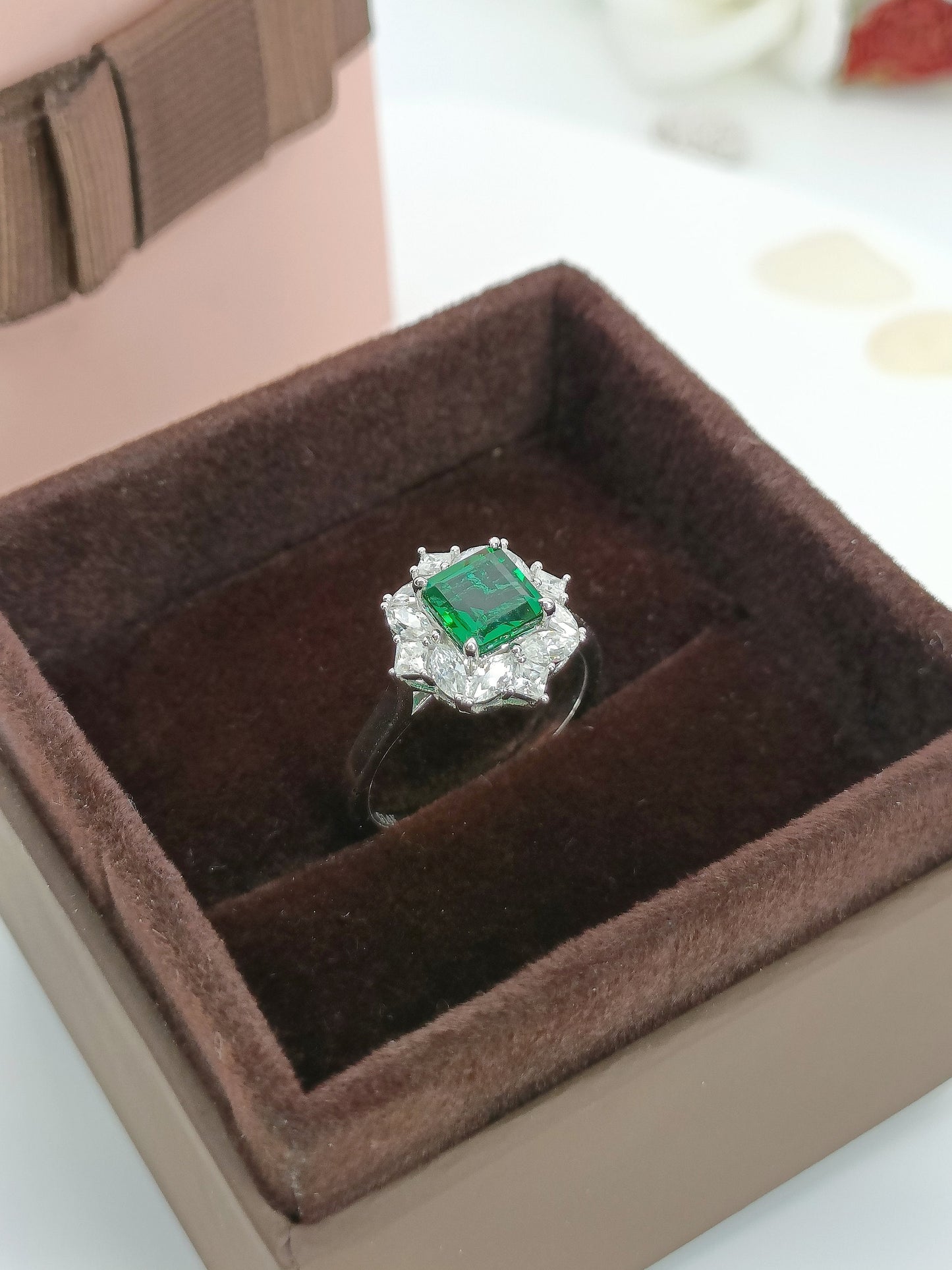 14K Gold Lab Emerald Engagement Ring, Cluster Emerald Bridal Ring, White Gold Emerald Wedding Ring